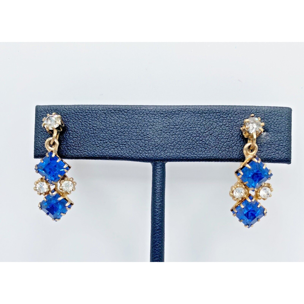 Vintage Blue Clear Glass Rhinestone Screw Back Earrings Gold Tone Gorgeous 1"